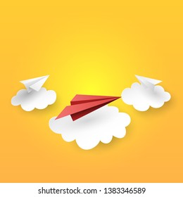Paper airplanes flying on clouds and yellow sky background.Paper art of business leadership and teamwork concept vector illustration.