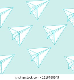 Paper airplanes are flying. Paper origami. Pattern, large format printing for a child's room. Wallpaper or wrapping paper. Printing on textile, fabric, cover. Seamless vector ornament.