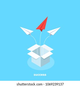 paper airplanes flying out of the open box in different directions, isometric image