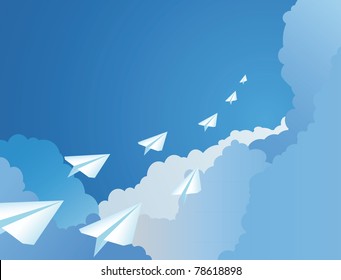 The paper airplanes flying in a sky