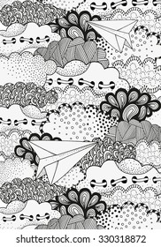 Paper airplanes flying in the sky. Art background with vector abstract artistically clouds. Pattern for coloring book. A4 size.  Made by trace from sketch. Ink pen. Zentangle. Black and white pattern.