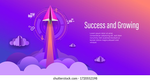 Paper airplanes flying up to sky and cloud to business success and growing. Concept of innovation, inspiration and start up. Paper art style illustration vector.