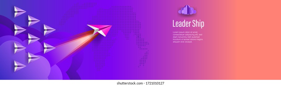 Aviones de papel que vuelan al cielo y nubes para alcanzar el objetivo del éxito empresarial. Concepto de liderazgo, innovación, inspiración y puesta en marcha. Vector de ilustración de estilo de papel para banner o sitio web.