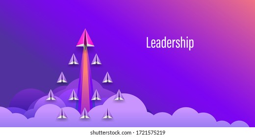 Paper airplanes flying up to sky and cloud to business success goal. Concept of leadership, innovation, inspiration and start up. Paper art style illustration vector.