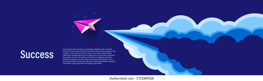 Paper airplanes flying up to sky and cloud to business success and growing. Concept of innovation,  inspiration and start up. Paper art style illustration vector for banner or website.