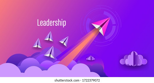 Paper airplanes flying up to sky and cloud to business success goal. Concept of leadership, innovation, inspiration and start up. Paper art style illustration vector.