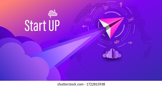 Paper airplanes flying up to sky and cloud to business success and growing. Concept of leadership, innovation, inspiration and start up. Paper art style illustration vector.