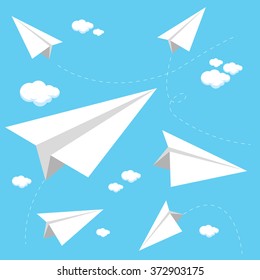 Paper airplanes flying in the sky. Vector illustration