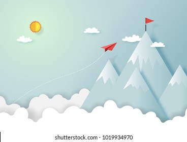 Paper airplanes flying to the top of mountains.Paper art style of start up and business vision creative concept idea.Vector illustration