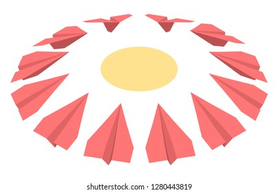 Paper airplanes are flying up. Paper planes in different angles fly up in isometry.
