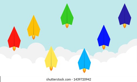 Paper airplanes, flying paper airplanes. Vector illustration of color paper airplanes.