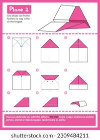 Paper Airplanes Folding Instructions, Origami, Kids Crafts, Step-by-Step Airplanes Tutorial, Vector Design, illustration, Interactive, Flight, Fun, Educational	