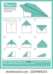 Paper Airplanes Folding Instructions, Origami, Kids Crafts, Step-by-Step Airplanes Tutorial, Vector Design, illustration, Interactive, Flight, Fun, Educational	