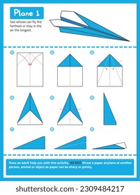 Paper Airplanes Folding Instructions, Origami, Kids Crafts, Step-by-Step Airplanes Tutorial, Vector Design, illustration, Interactive, Flight, Fun, Educational	