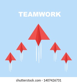 Paper airplanes in form of arrow shape flying on blue sky.Paper art style of business teamwork creative concept idea.Vector illustration 