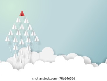 Paper airplanes in form of arrow shape flying from clouds on blue sky.Paper art style of business teamwork creative concept idea.Vector illustration