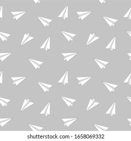 Paper airplanes, geometric seamless pattern on gray background. Vector illustration. For printing on textiles, bags, booklets. Wallpaper and background for the room.
