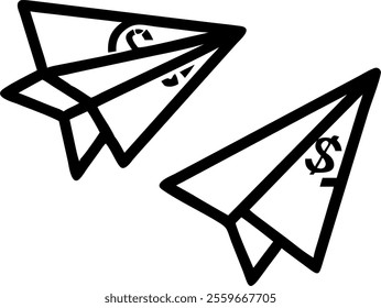 Paper airplanes made of dollar bills flying isolated on white background concept as A vector image of two paper airplanes crafted from dollar bills soaring through the air symbolizing financial growth