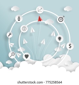 paper airplanes on blue sky and clouds of business strategy creative idea concept paper art style.Vector illustration.