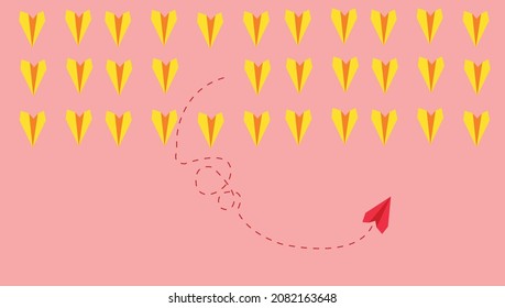 Paper airplanes on pink background, business concept. Red plane flying in different direction from other planes. New idea, change, trend, courage and leadership concept. Vector design EPS 10.