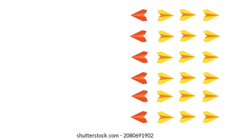 Aviones de papel sobre fondo blanco, concepto de negocio. avión rojo de otros aviones que vuelan en diferentes direcciones. Nueva idea, cambio, tendencia, coraje y concepto de liderazgo. Diseño de vectores EPS 10.