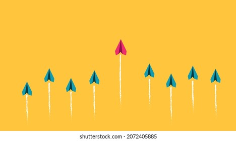 Paper airplanes on yellow background, business concept. red plane directs other planes. Concept of new idea, change, trend, courage and leadership. Vector design EPS 10.