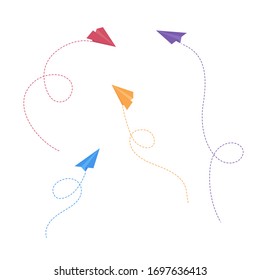 Paper airplanes with path flat vector illustration set. Flying decorative paper aircrafts with line trail isolated on white background. Origami air ships and paths for business success or travel.