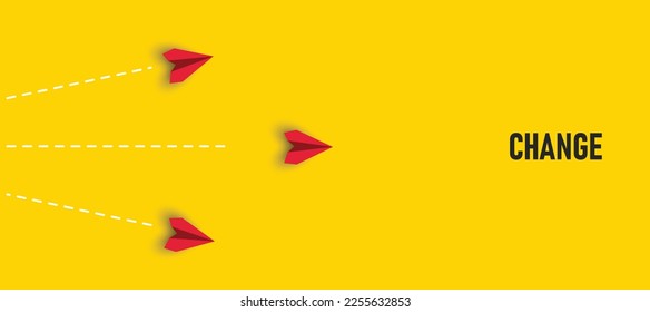 paper airplanes. red airplane changing path It is moving towards change. business creativity new idea discovery innovation technology. new year idea concept