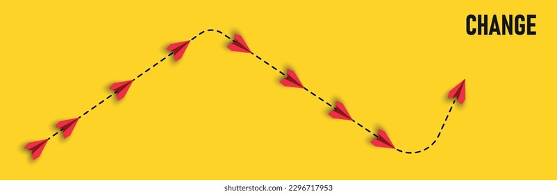paper airplanes. red airplane changing path It is moving towards change. business creativity new idea discovery innovation technology. new year idea concept