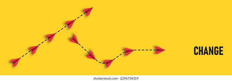 paper airplanes. red airplane changing path It is moving towards change. business creativity new idea discovery innovation technology. new year idea concept