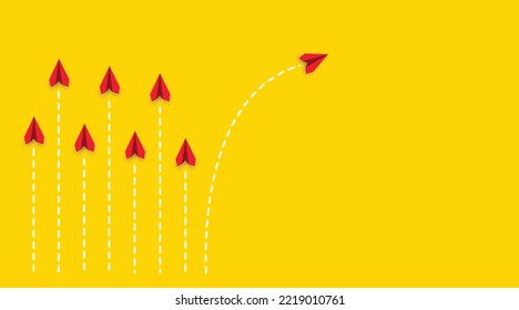 paper airplanes. red plane changing road. Thinking different, Business leader, personality development idea concept.