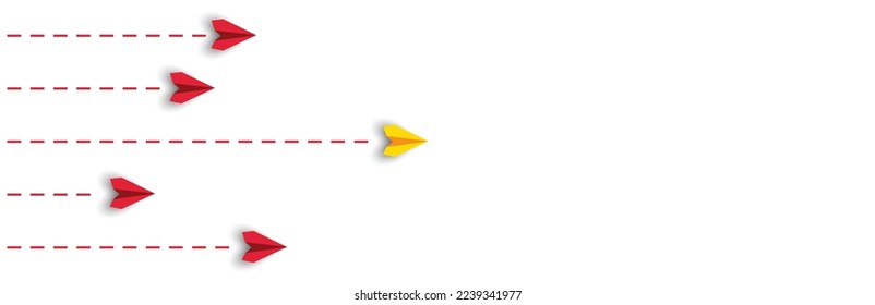 paper airplanes. red plane changing road. Different thinking, Business leader, personality development idea concept.