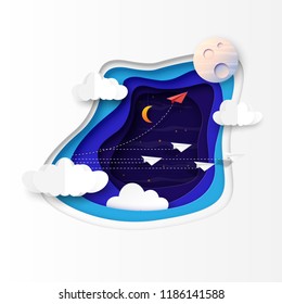 Paper airplanes teamwork flying on night sky scenery paper cut abstract background.Vector illustration.
