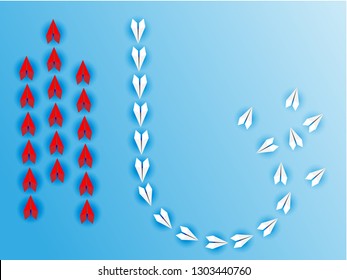 Paper airplanes teamwork flying to red flag target. Paper cut of business teamwork creative concept idea. Vector illustration