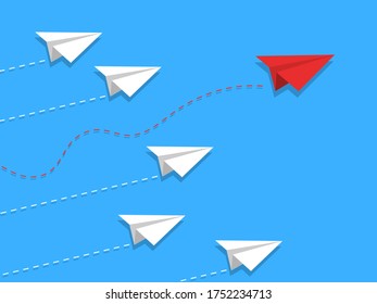 Paper airplanes with a track illustration. One plane stands out from the crowd. Think differently. Be special concept. Leadership.