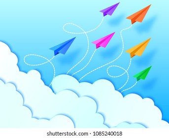 Paper airplanes,blue sky and clouds. Vector illustration. Paper art style