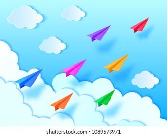 Paper airplanes,blue sky and clouds. Vector illustration. Paper art style