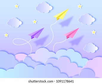 Paper airplanes,blue sky and clouds. Vector illustration. Paper art style