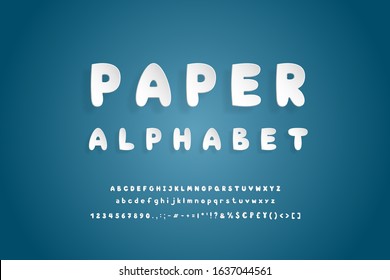 Paper alphabet. Bold white font, realistic paper cut out style. Uppercase and lowercase letters, numbers, punctuation marks and symbols. Flying 3D typeface on navy blue background