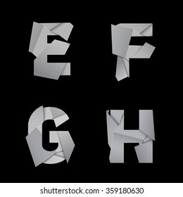 Paper alphabet, isolated on black background. E, F, G, H letters