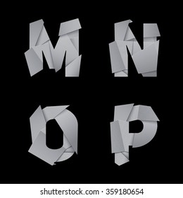 Paper alphabet, isolated on black background. M, N, O, P letters