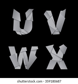 Paper alphabet, isolated on black background. U, V, W, X letters