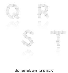 paper alphabet letters or font with reflection on white background, Q, R, S, T