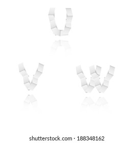 paper alphabet letters or font with reflection on white background, U, V, W