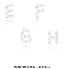 paper alphabet letters or font with reflection on white background, E, F, G, H