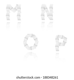 paper alphabet letters or font with reflection on white background, M, N, O, P