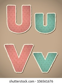 Paper Alphabet in retro style. Vector illustration. Eps10. U,V.