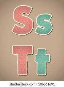 Paper Alphabet in retro style. Vector illustration. Eps10. S, T.