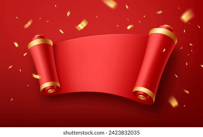 Paper ancient scrolls design, Small pieces of gold ribbon flying, horizontal red background, Eps 10 vector illustration
