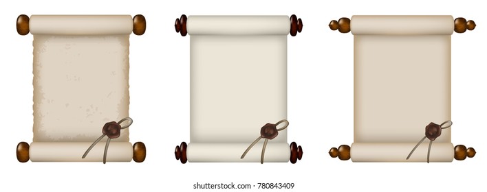 Paper ancient scrolls and parchments with holder, vector set Realistc 3D illustration